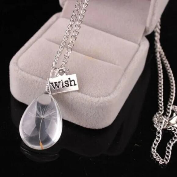 Make a wish dandelion drop shaped pendant necklace with charm - Picture 3 of 3